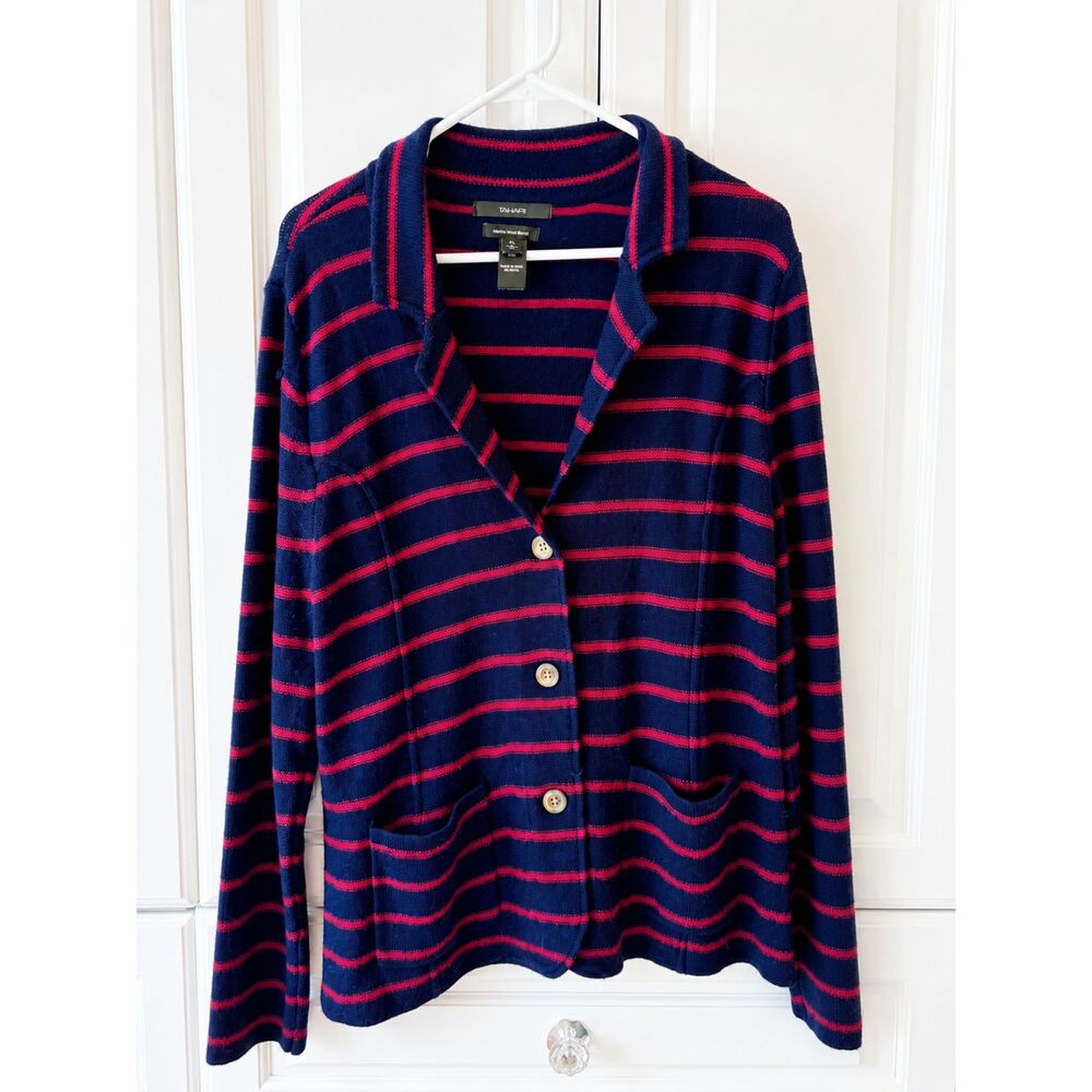 Tahari Merino Wool Blend Striped Cardigan Blazer Jacket Women's XL‎ Navy Red